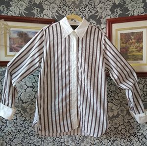 Diane Gilman beige black white striped shirt vintage long sleeve button up